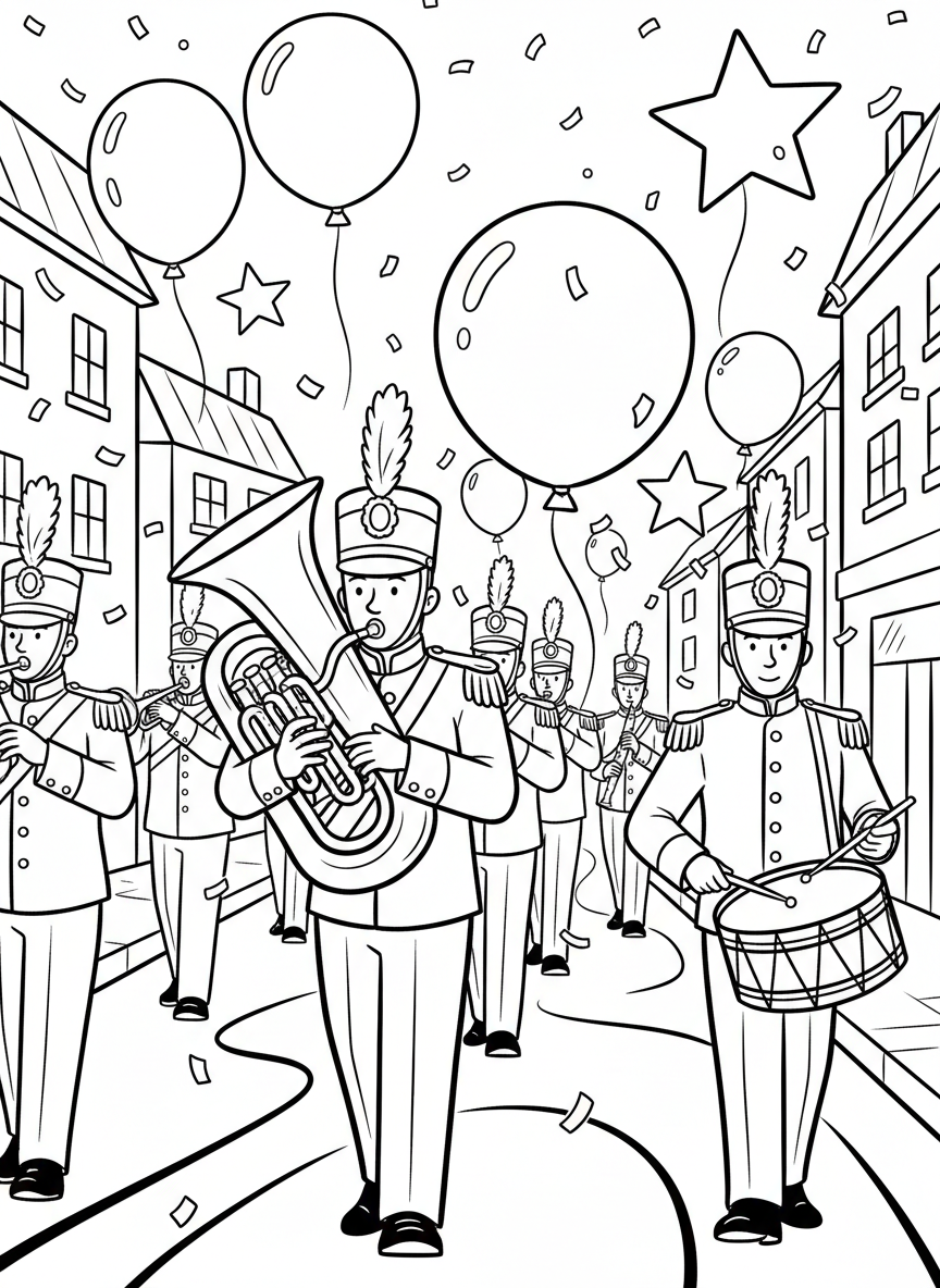 A festive parade scene with marching band members, balloons, and confetti falling, simple shapes and lines