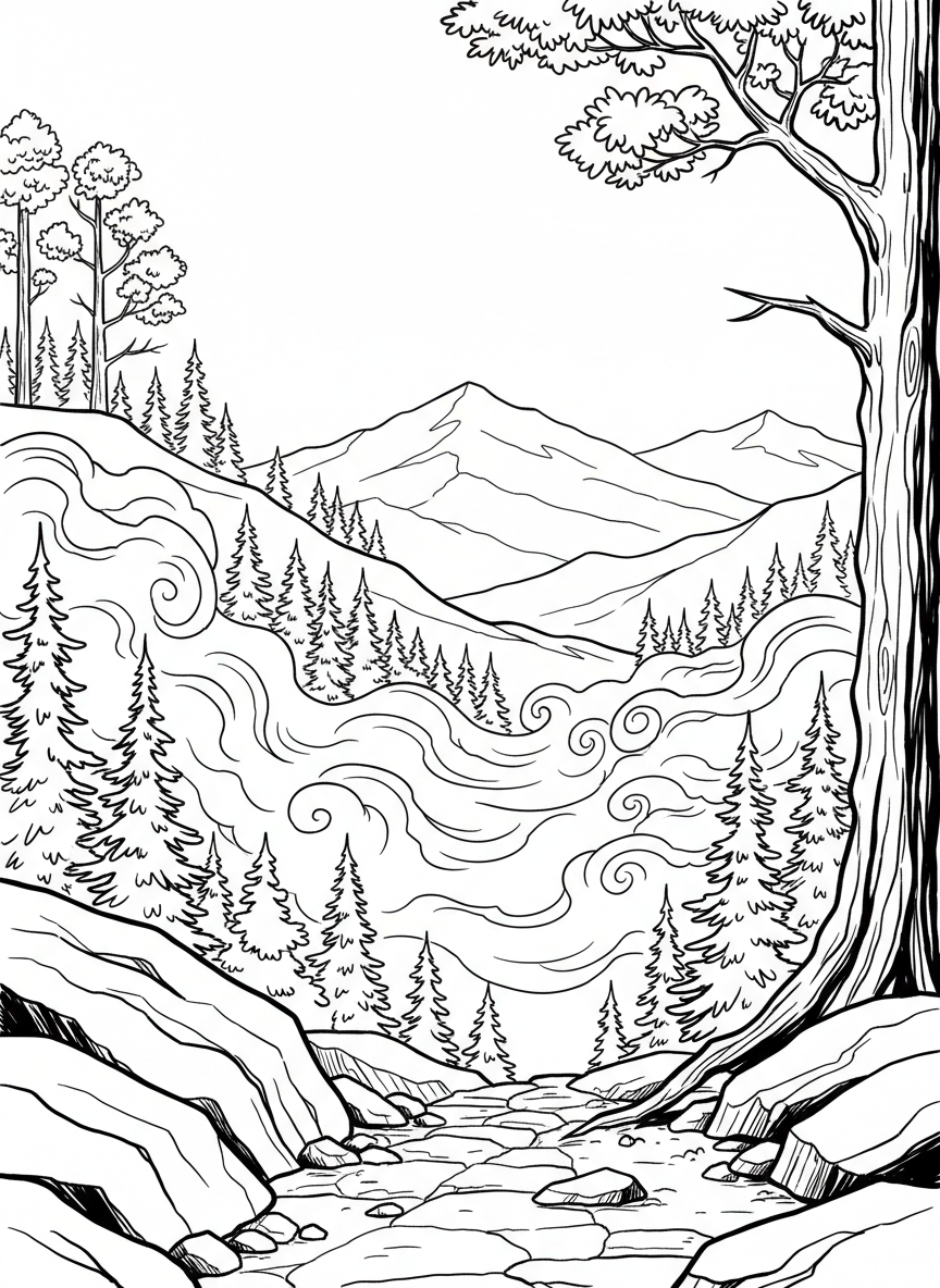 Fog rolling over hills with tree tops peeking through, layered landscape composition