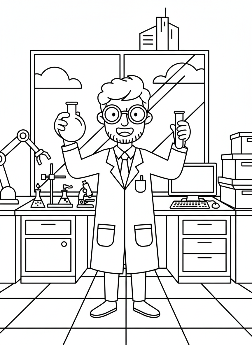A friendly scientist character holding a beaker and test tube in a modern laboratory setting, simple outlines