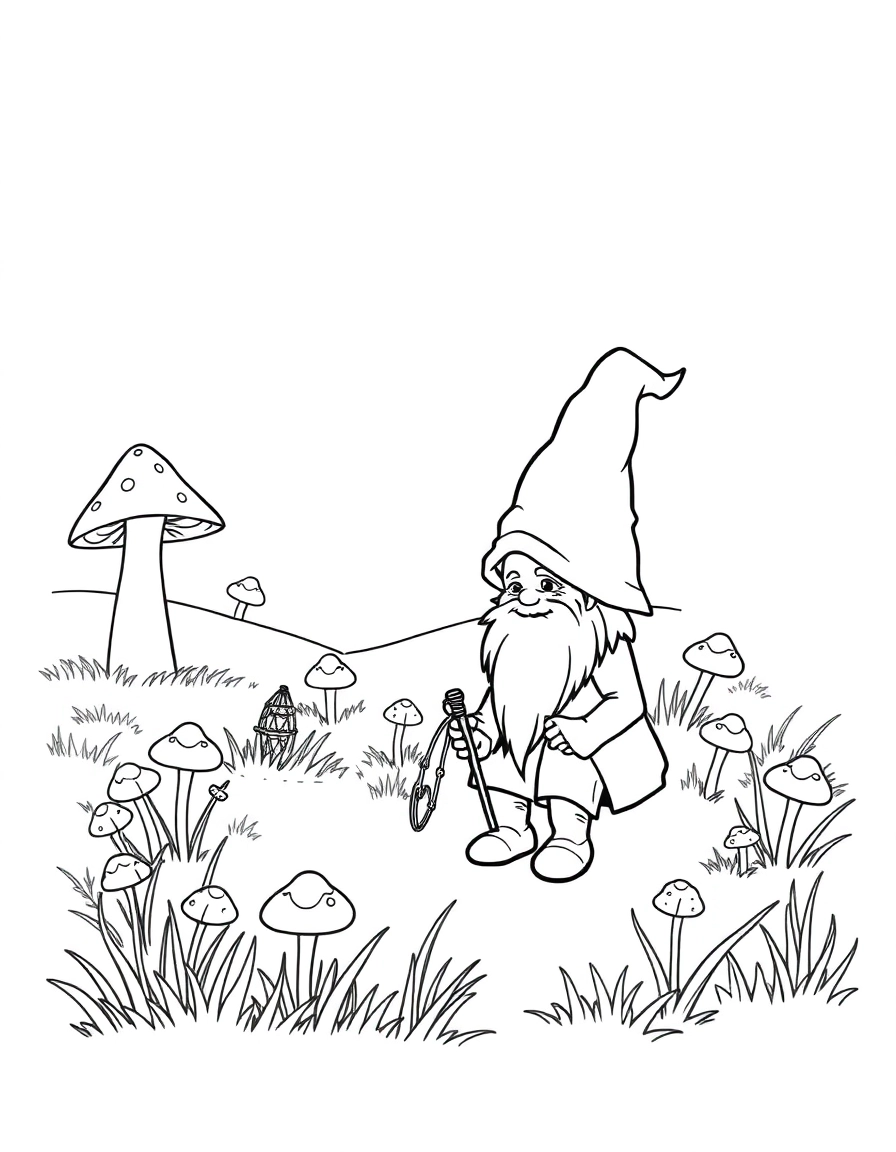 A gnome tending mushroom houses, meadow at dawn