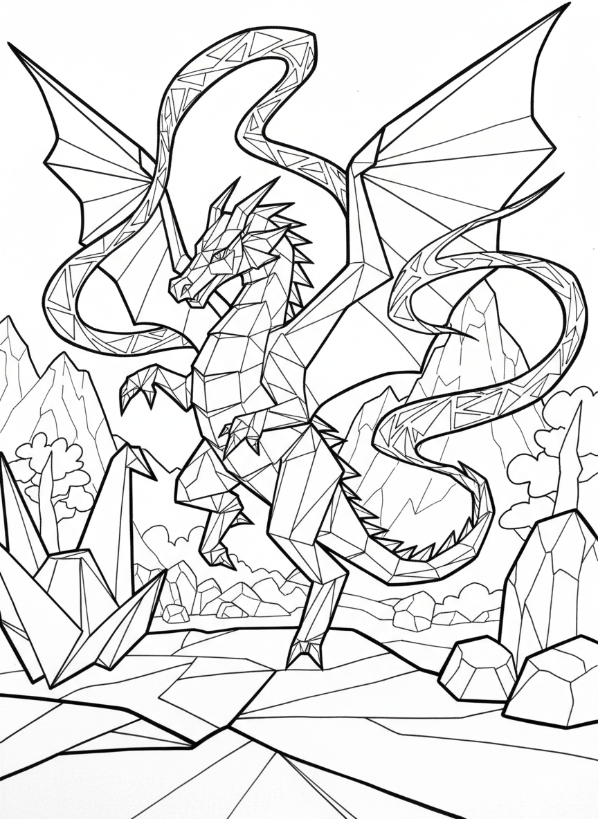 A dancing origami dragon with geometric ribbons flowing around it, showing movement through angular paper-fold shapes and dynamic pose.