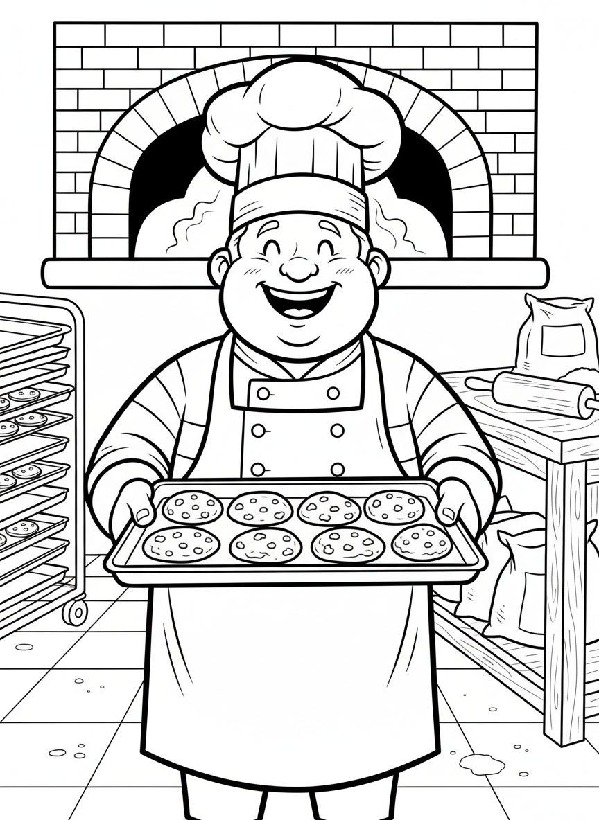 A friendly baker wearing a chef's hat and apron, holding a tray of freshly baked cookies with a big smile
