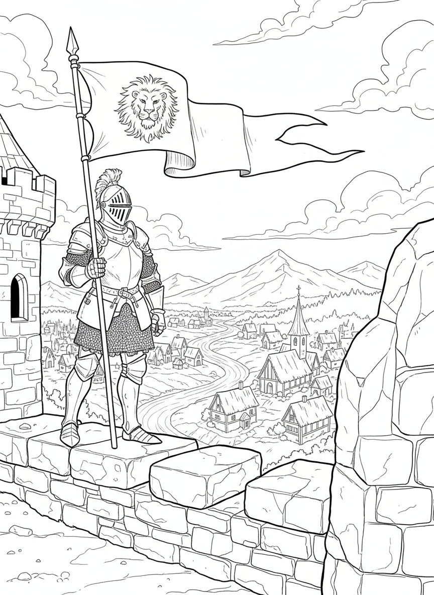 A brave knight standing on a castle wall battlement, looking out over the kingdom with a flag waving behind.