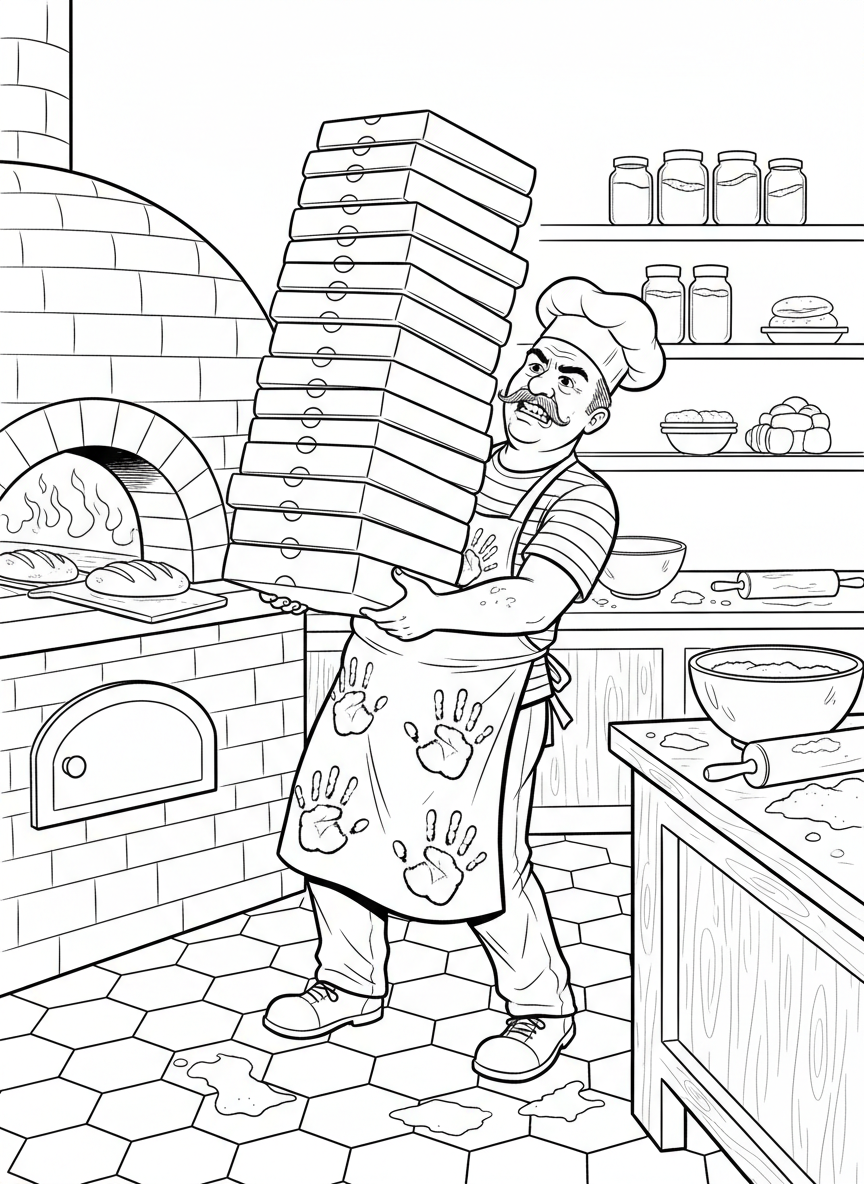 A baker carrying a tall stack of pizza dough boxes with flour handprints on their apron