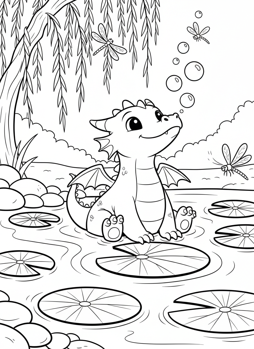 A small dragon breathing bubbles instead of fire while playing in a pond with lily pads and dragonflies.