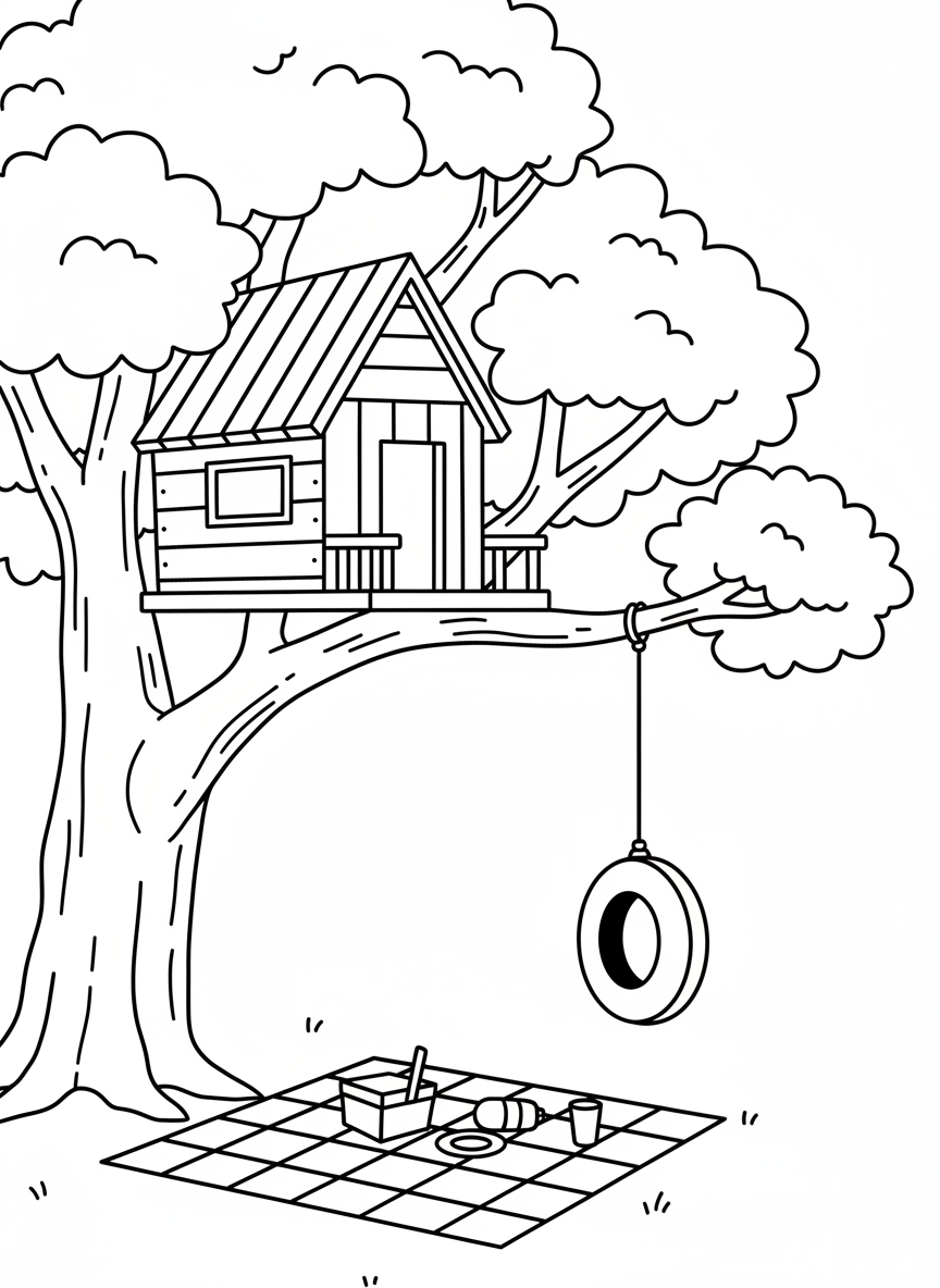 A simple A-frame treehouse with a tire swing hanging from a branch and a picnic blanket on the ground below
