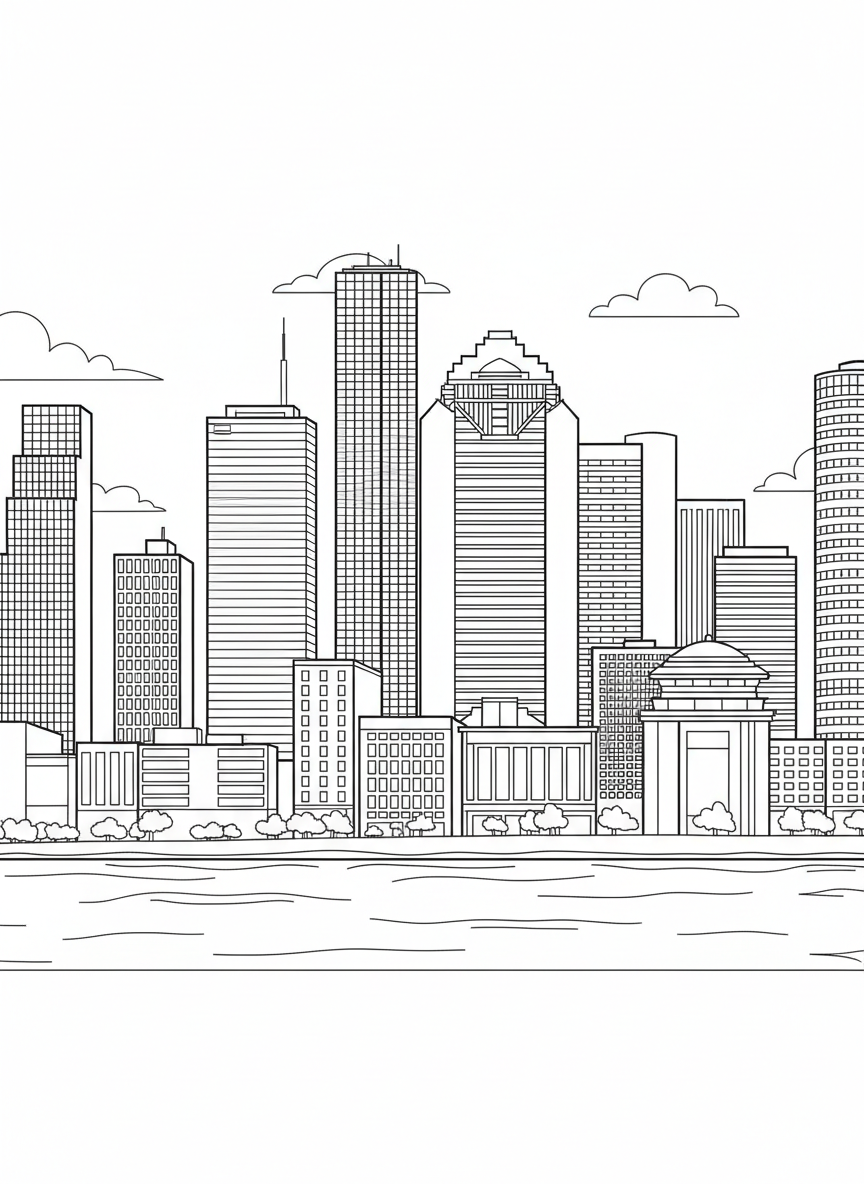 The Houston skyline with tall skyscrapers and buildings of different heights, simple architectural details for coloring