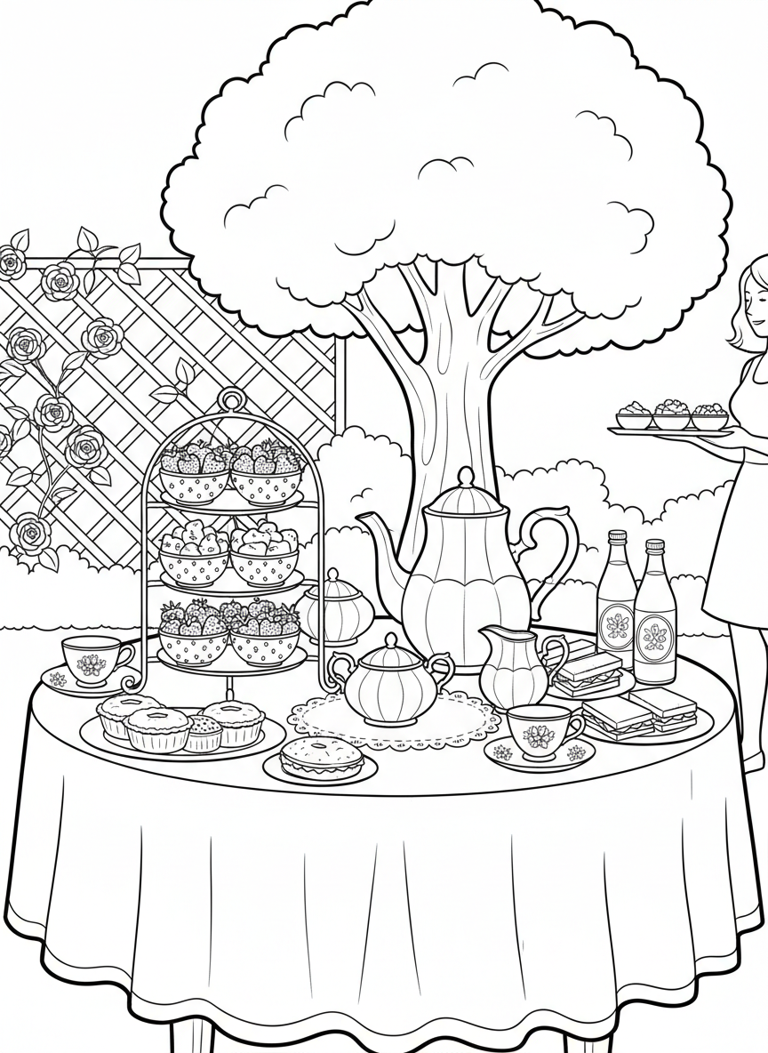 A fancy tea service setup with strawberries and cream on a table, traditional Wimbledon refreshments to color.
