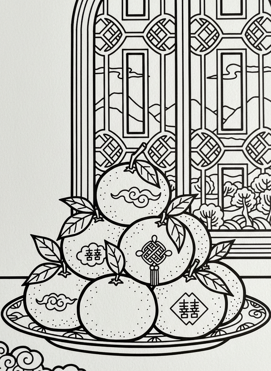 Mandarin oranges stacked in a pyramid with leaves and lucky symbols around them, still life composition