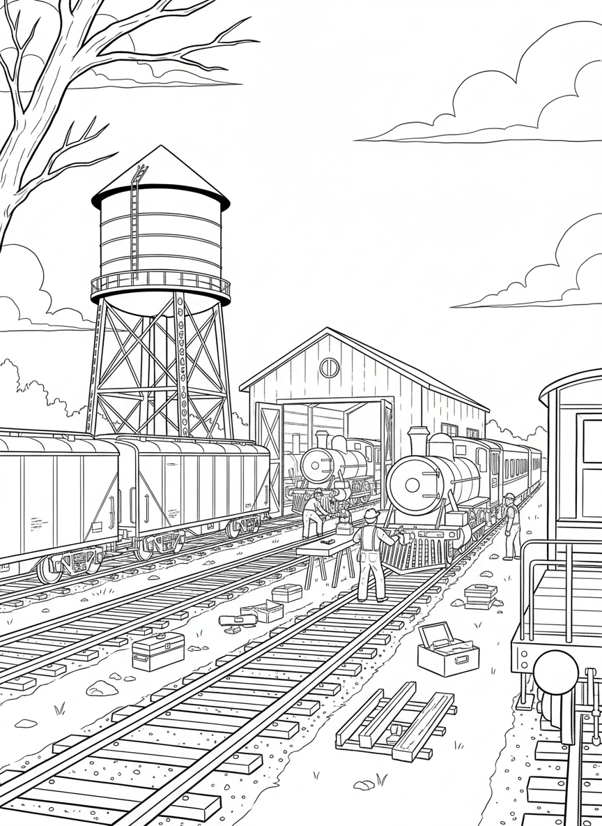 A train maintenance yard showing multiple trains on parallel tracks, with a water tower, repair shed, and workers.