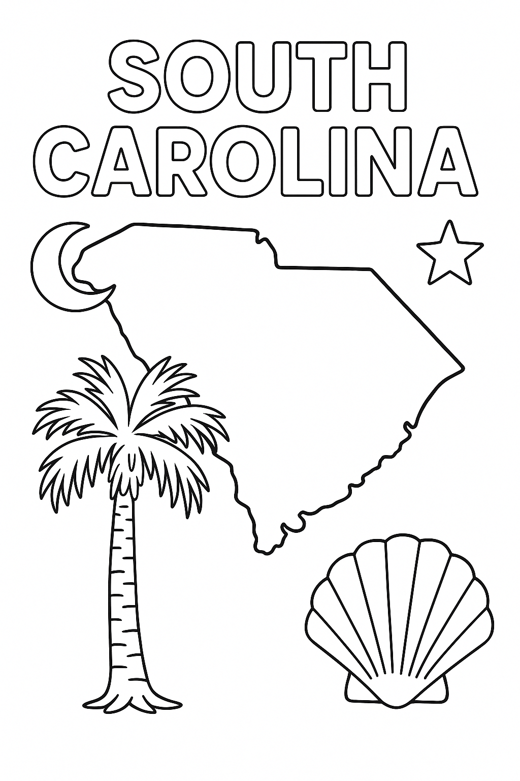 Write “South Carolina” once at the top in outlined letters. Make the state outline bold and central. Add one palmetto tree, one crescent moon, one shell, and one star icon in corners.
