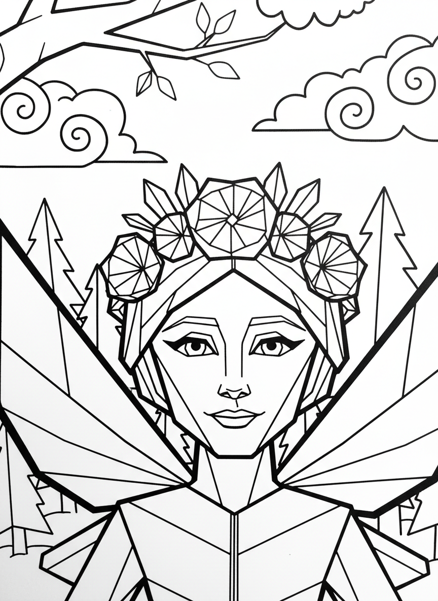 A close-up of an origami fairy's face with a flower crown, showing angular paper-folded features and a gentle smile