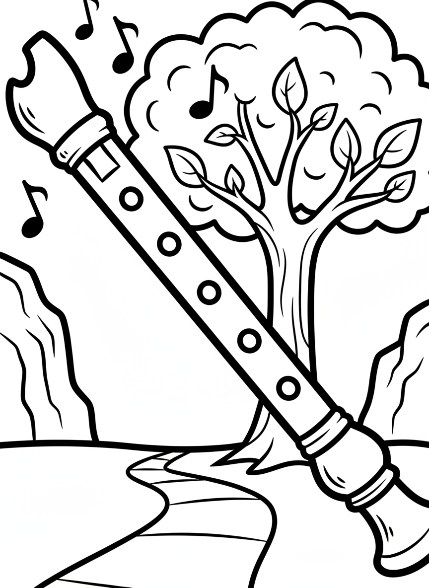 A simple recorder or flute with finger holes clearly marked, positioned diagonally with a few musical notes nearby.