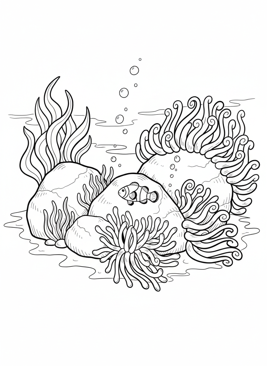 Three rocks forming a scene: one with seaweed, one with a clownfish, and one with sea anemone tentacles, designed to display together