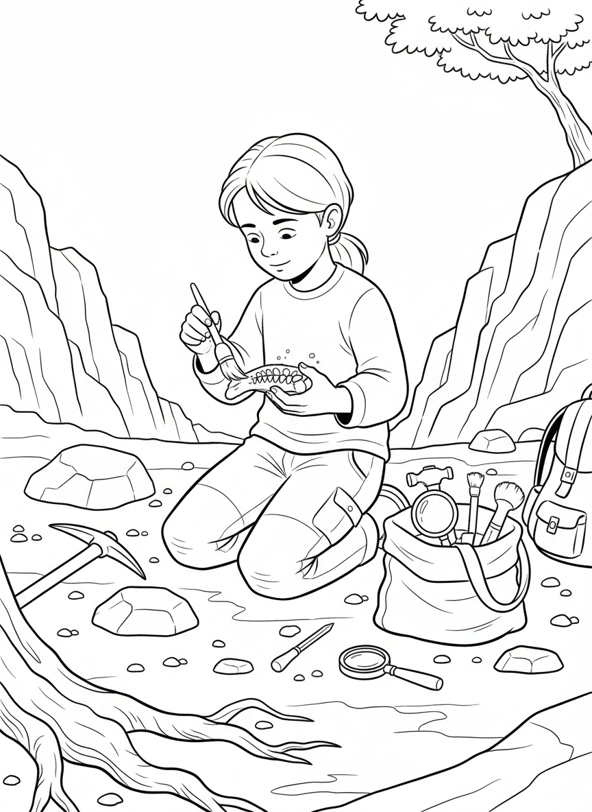 Child using a small brush to carefully clean dirt off a newly discovered fossil, with collection bag and tools beside them.