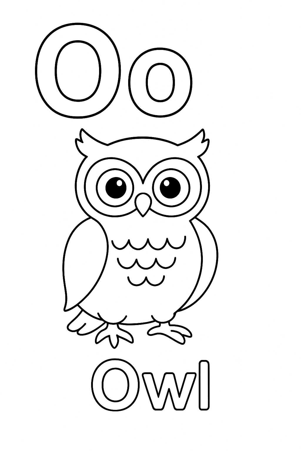 The uppercase letter “O” next to the lowercase letter “o”. With an owl image under the letters. Write out the object “Owl”.