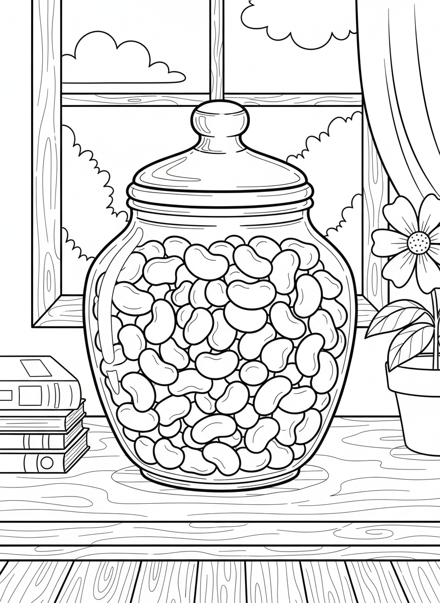 A jar filled with exactly 100 jelly beans, shown in outline form for easy counting and coloring