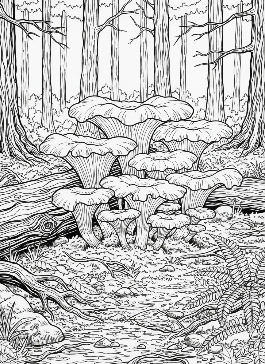 A group of chanterelle mushrooms with their trumpet shapes and wavy edges, arranged in a natural forest setting.