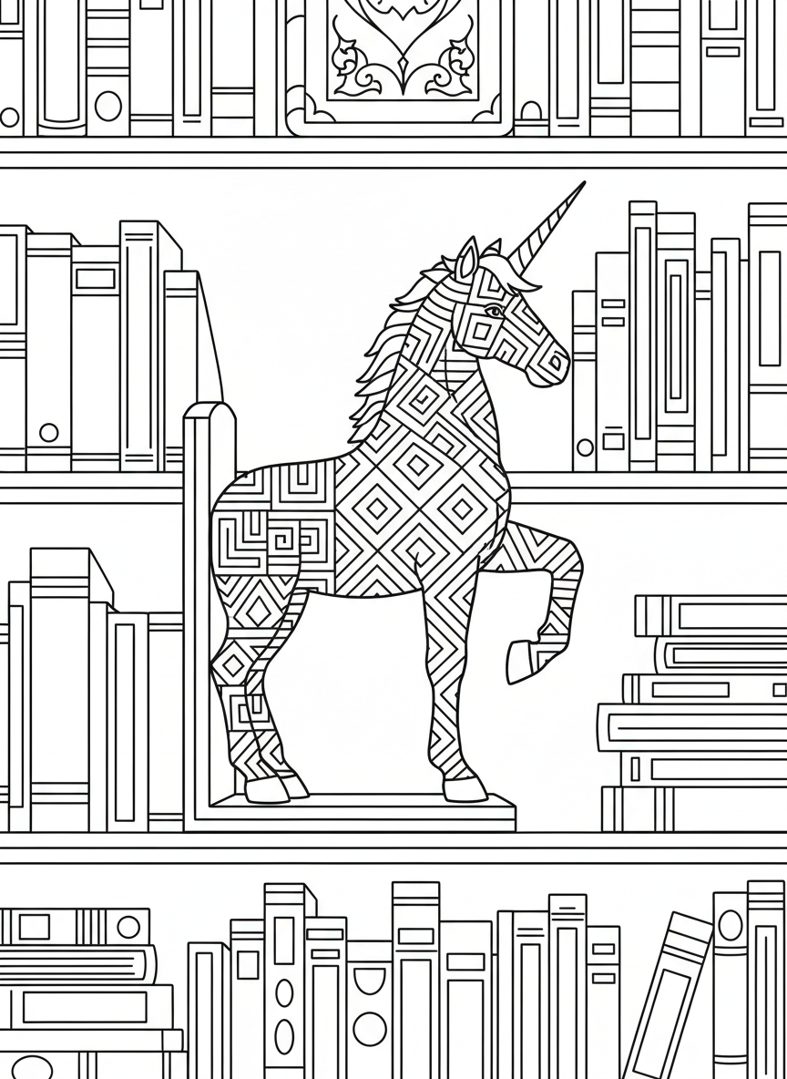 A unicorn bookend with geometric tile patterns on its body, sturdy rectangular base, library shelf background