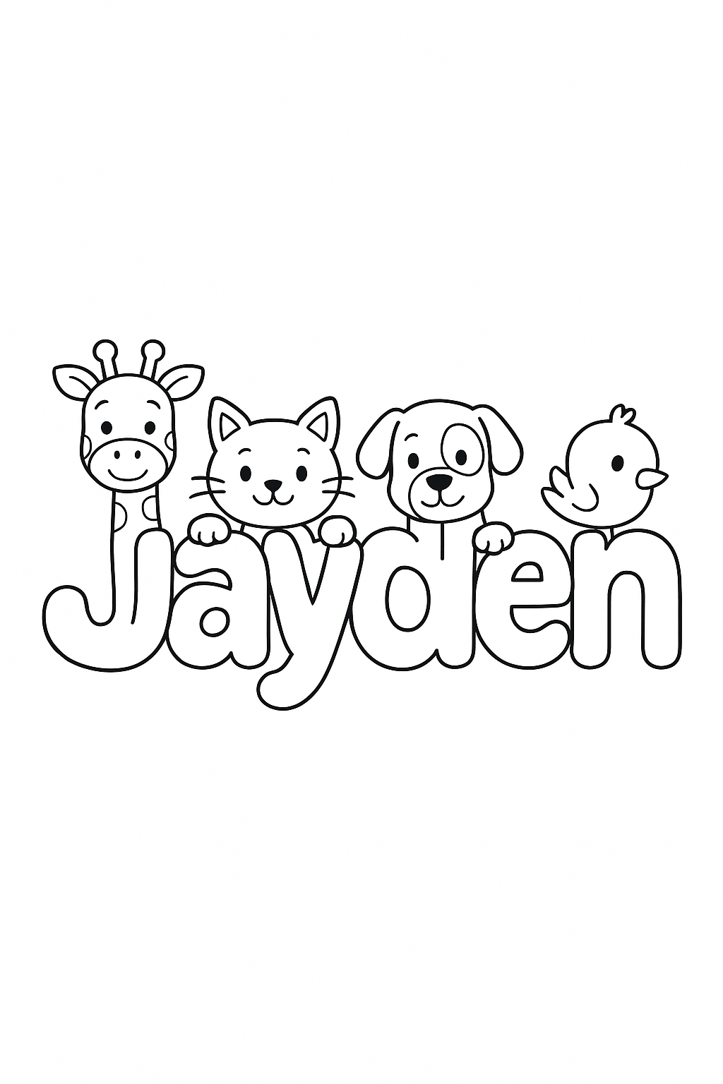 The name “Jayden” in bubble letters with cartoon animals peeking out of each letter. make the name all on one line. Capitalize only the first letter