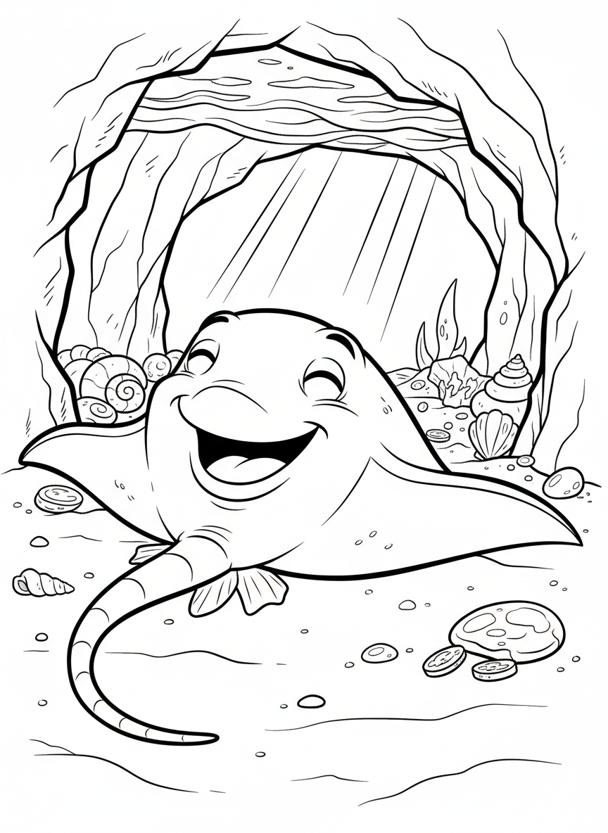 A smiling stingray resting on the sandy bottom of a shallow cave with shells, pebbles, and small treasures scattered around