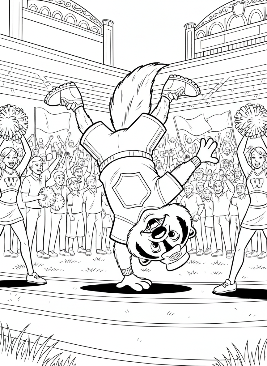 A mascot character doing a cartwheel on the sideline, entertaining the crowd with acrobatic school spirit.