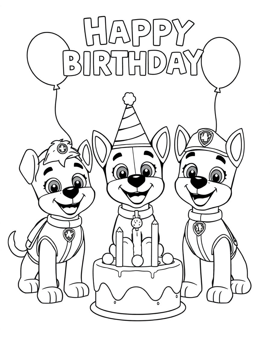 Paw Patrol team celebrating a birthday with balloons, cake, and party hats