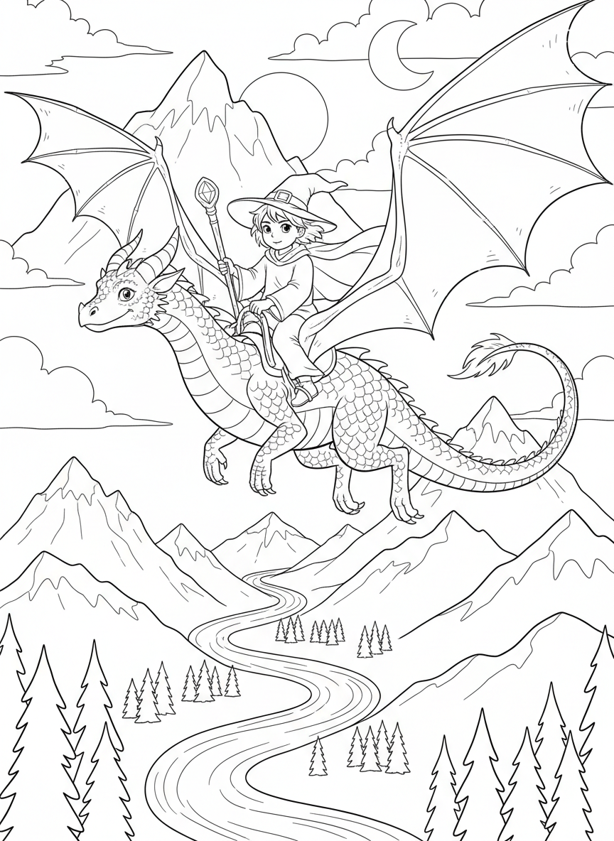 A young wizard riding on a friendly dragon's back, soaring over a fantasy landscape with mountains and rivers below.