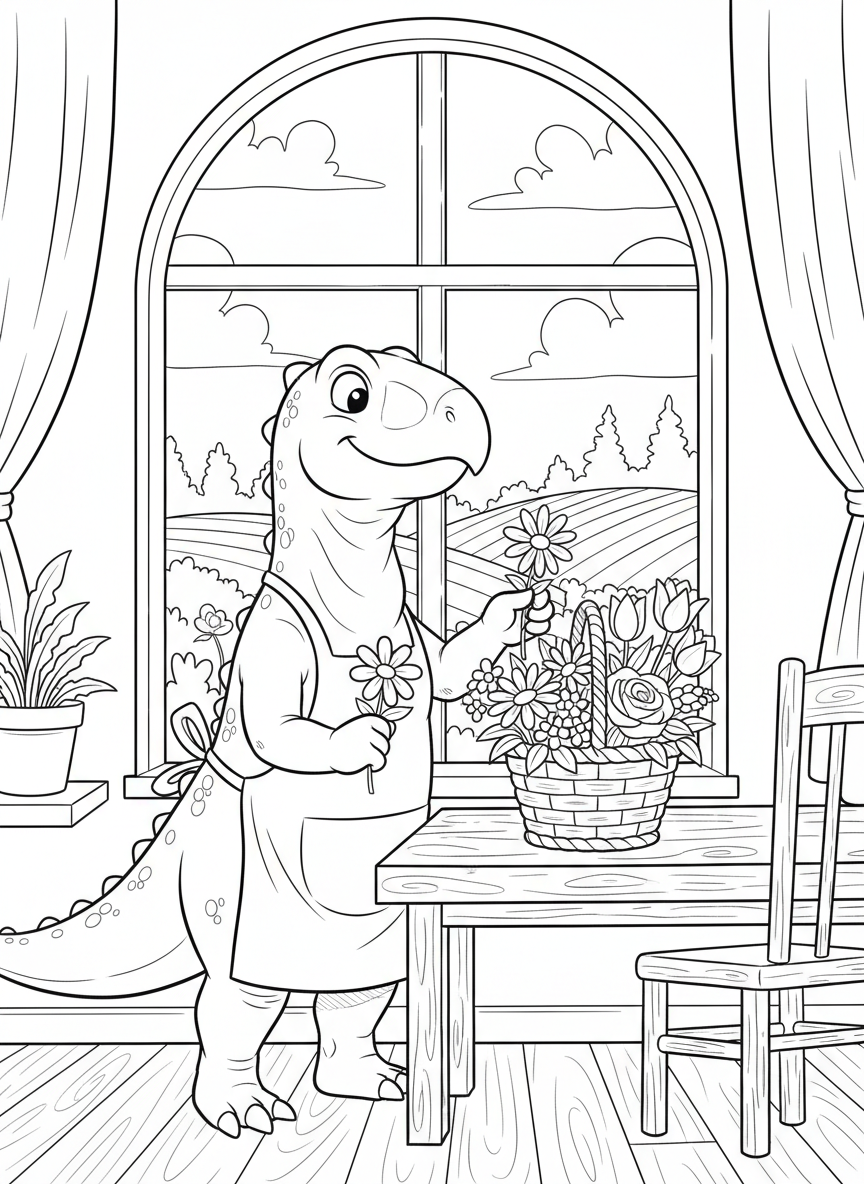 A cheerful Iguanodon arranging flowers in a decorative basket, standing near a window, charming craft scene