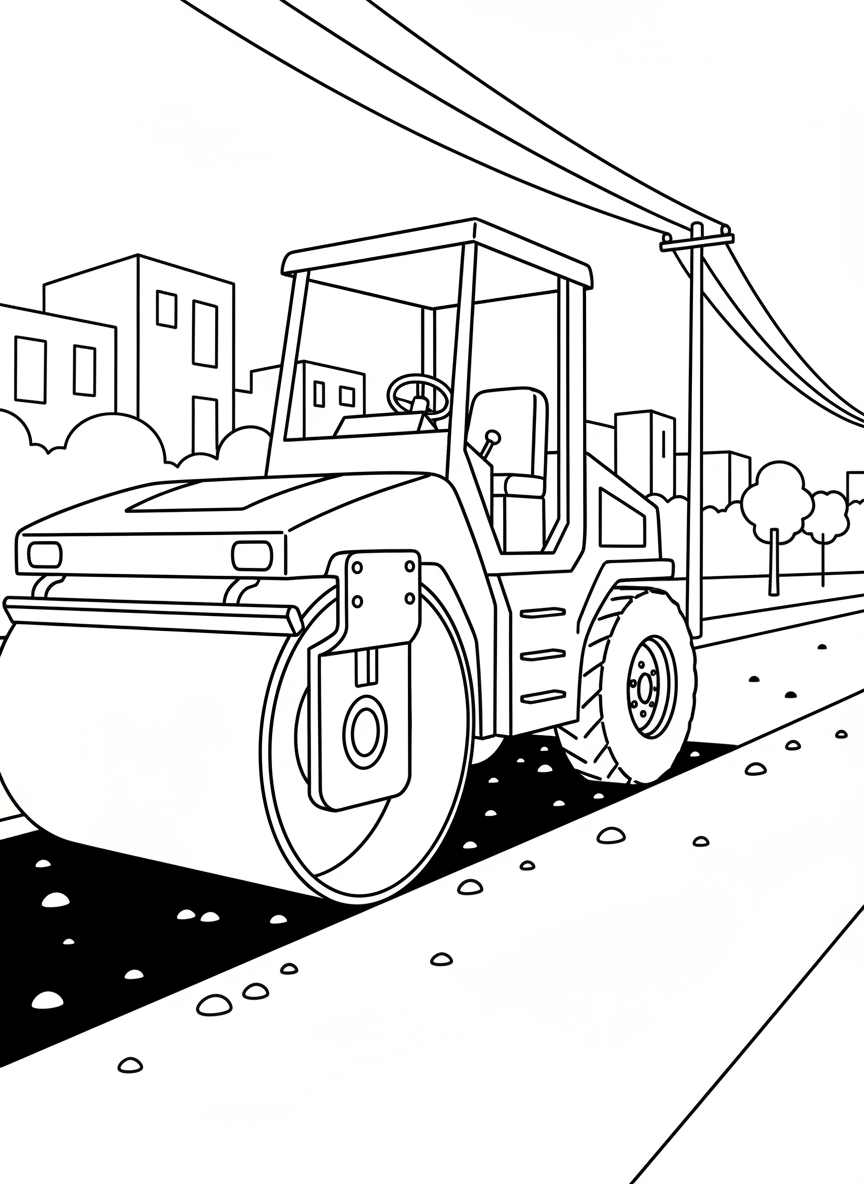 A road roller compacting fresh asphalt, large front roller visible, driver's seat and controls shown, side view.