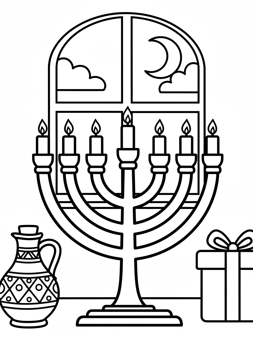 A menorah with eight branches plus shamash, unlit candles waiting to be used, clean simple design perfect for young children.