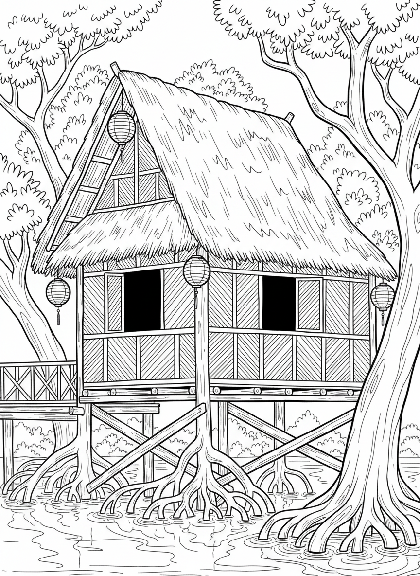 A Southeast Asian stilt house treehouse with woven bamboo walls, a steep thatched roof, and rice paper lanterns, elevated among mangrove trees.