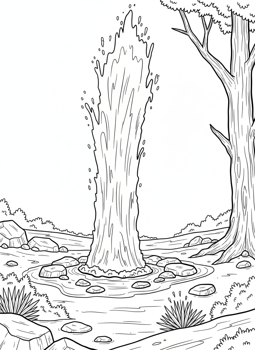 A geyser erupting upward in a field, shooting water high into the air, with rocks and small plants surrounding the natural hot spring.
