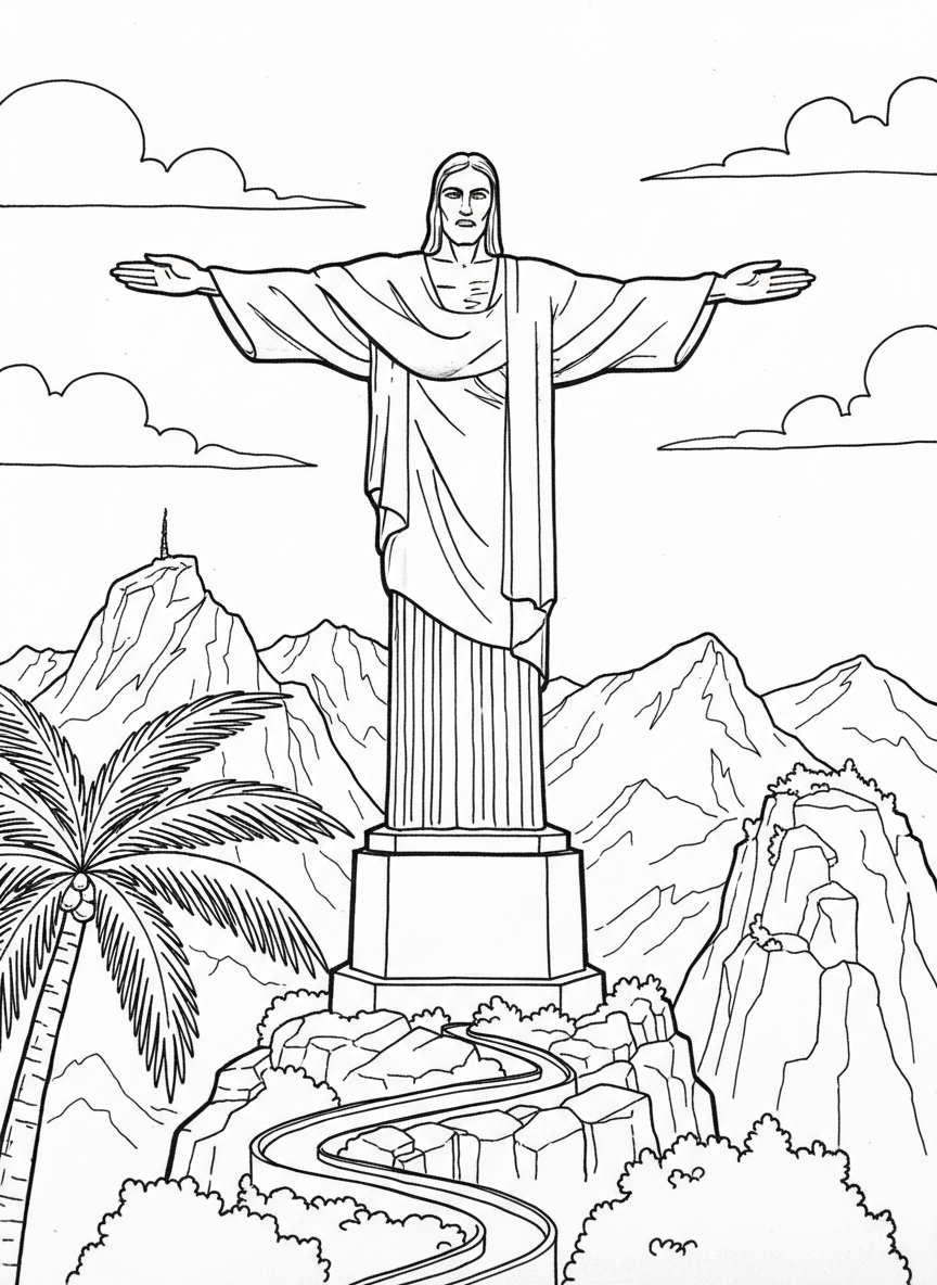 The Christ the Redeemer statue with outstretched arms overlooking Rio de Janeiro with mountains and clouds behind.