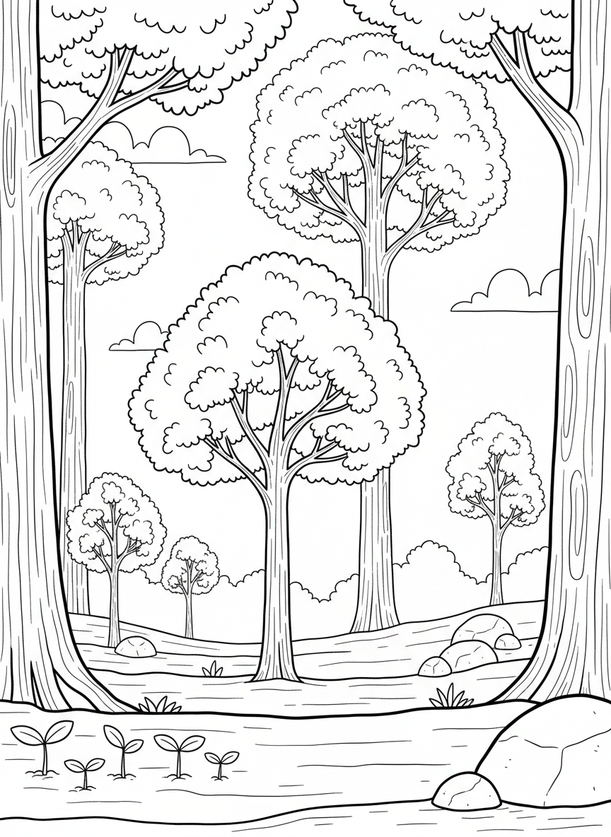A simple forest scene with trees of varying heights showing growth over time, from seedlings to tall trees.