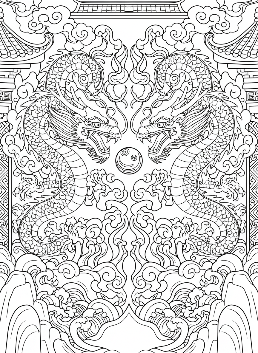 Two dragons facing each other with a pearl between them, symmetrical traditional design