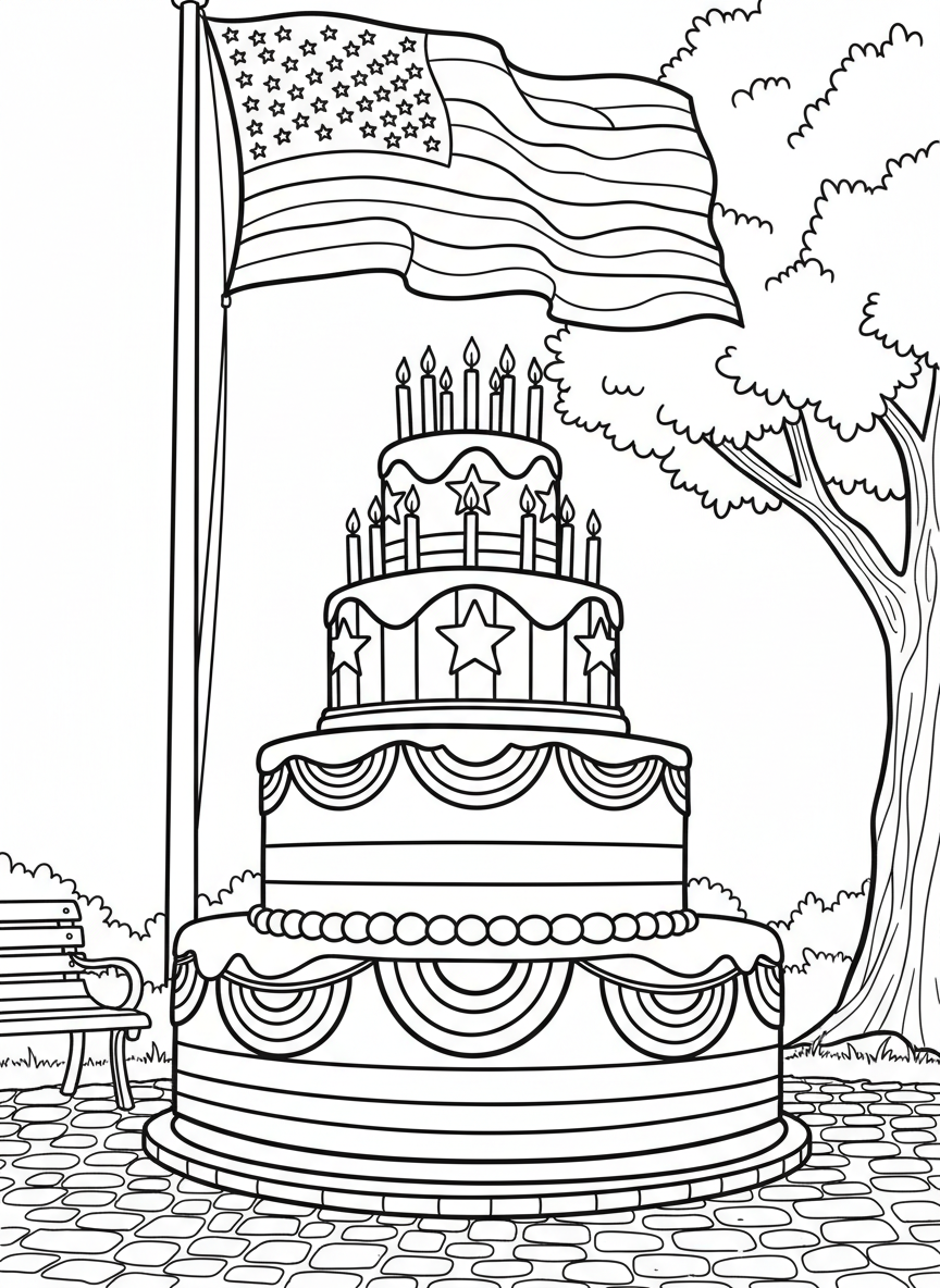 Patriotic birthday cake for America decorated with stars, stripes, candles, and festive bunting banners around it