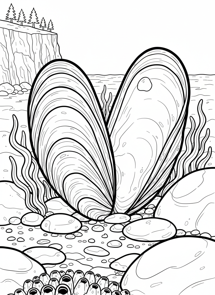 A single large mussel shell open to show the inside, with growth rings visible on the outside, detailed enough for older kids