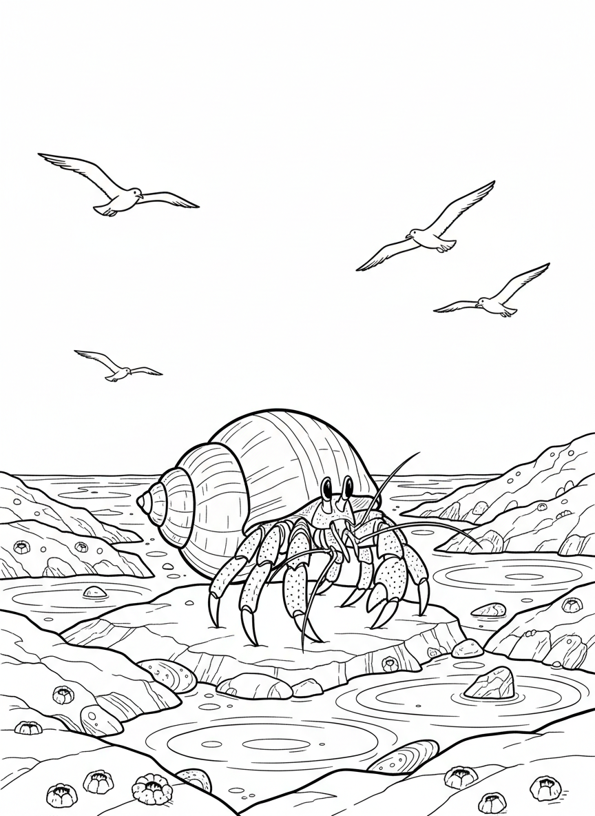 A hermit crab on a beach at low tide with exposed rocks, tide pools, and seagulls in the distant sky.