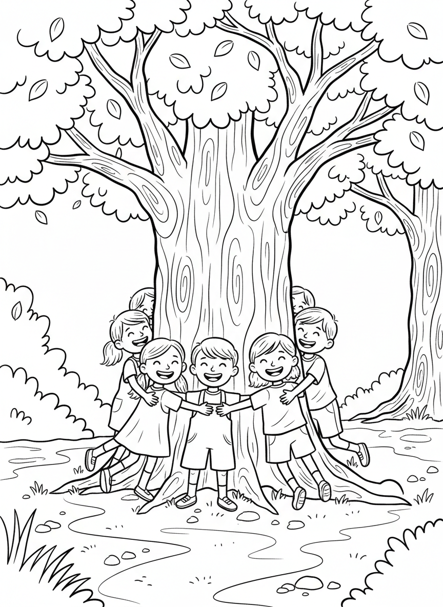 Children forming a circle around a large tree trunk, giving it a group hug with happy expressions.