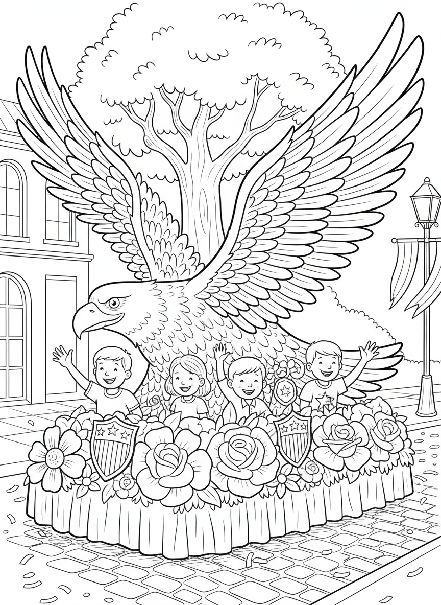 A parade float designed as a giant eagle with spread wings, decorated with flowers and patriotic elements, children sitting inside waving.