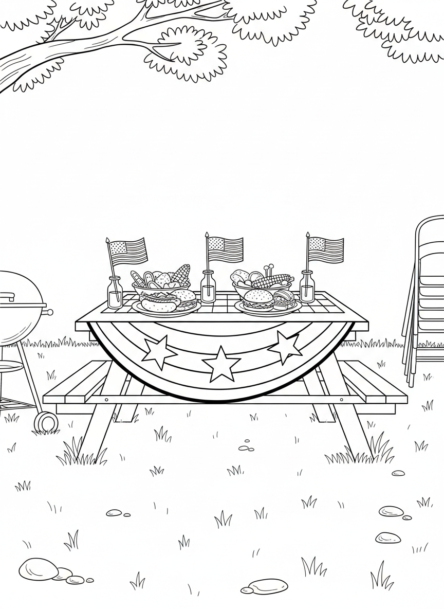 A patriotic-themed picnic table decorated with stars and stripes bunting, plates of food, and American flags in small vases.