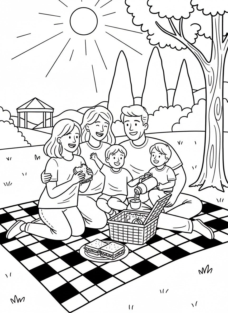A cheerful family having a picnic in the park with a checkered blanket, picnic basket, and sandwiches, celebrating Labor Day weekend together.