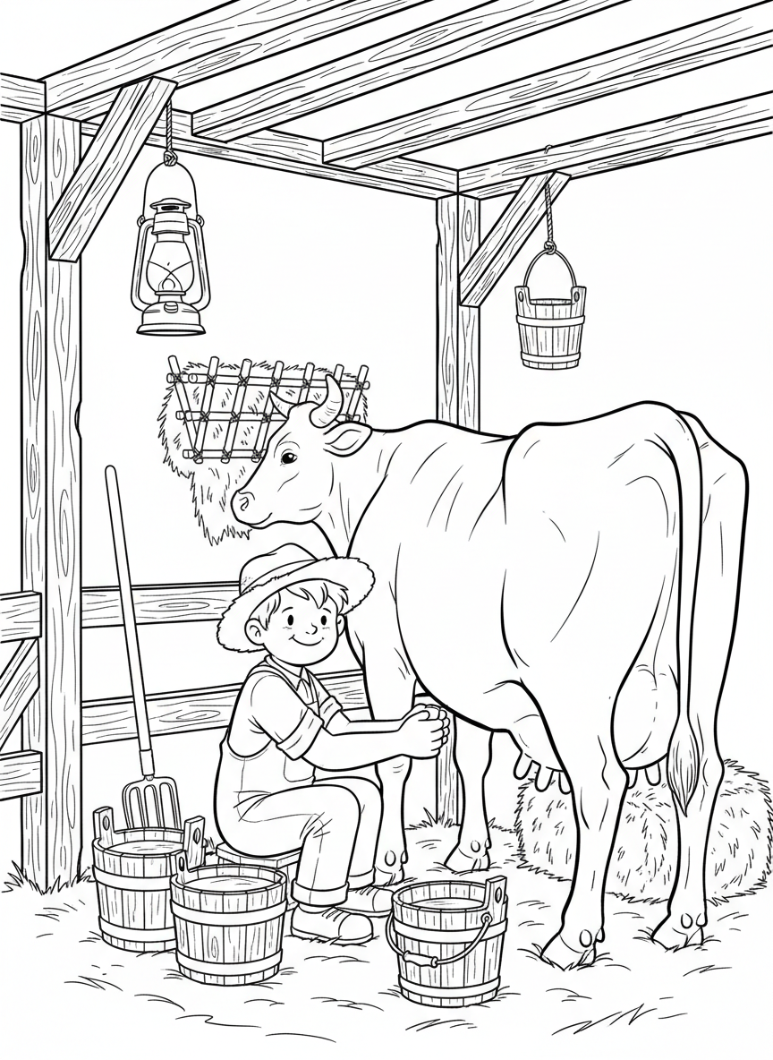 A farmer boy milking a cow in a barn stall with milk buckets and lantern hanging, traditional farm chore scene.