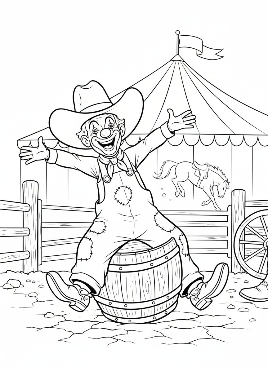 A rodeo clown in baggy overalls and a big hat, standing in a barrel with arms outstretched in a fun pose.