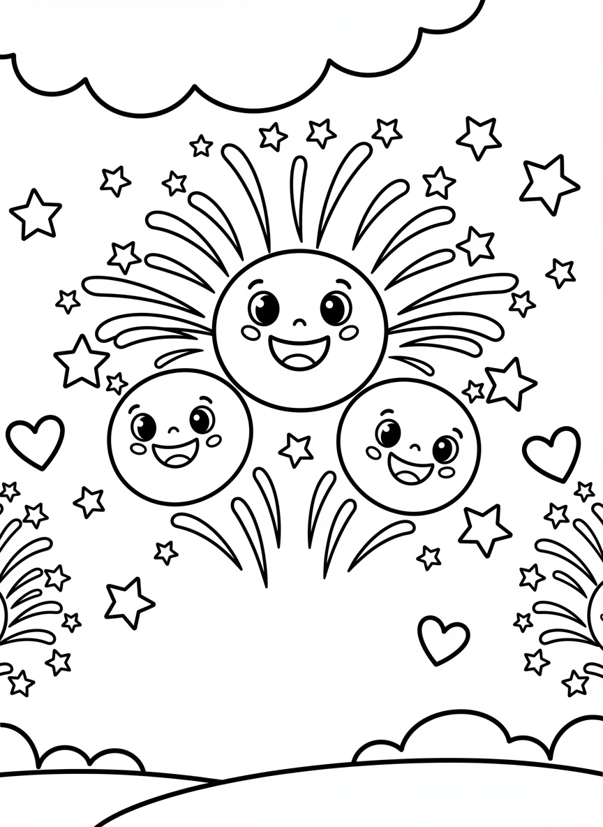 A simple scene of three balloon-like firework bursts with happy faces, stars, and hearts scattered around for younger children.