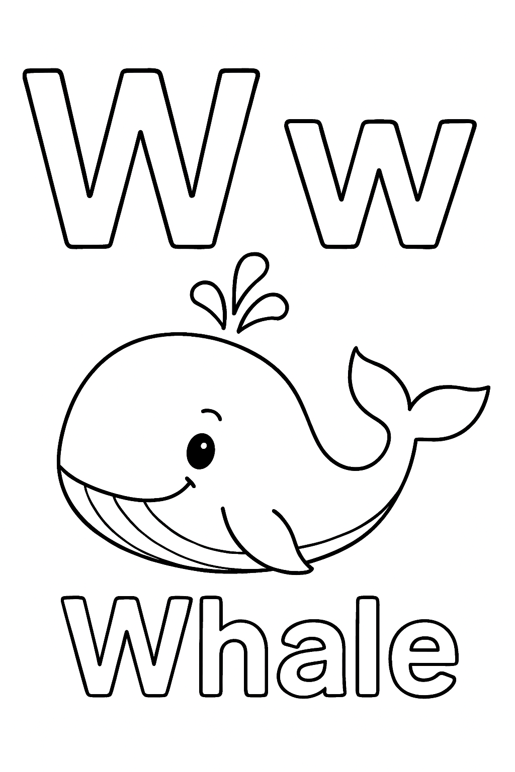 The uppercase letter “W” next to the lowercase letter “w”. With a whale image under the letters. Write out the object “Whale” only 1 time