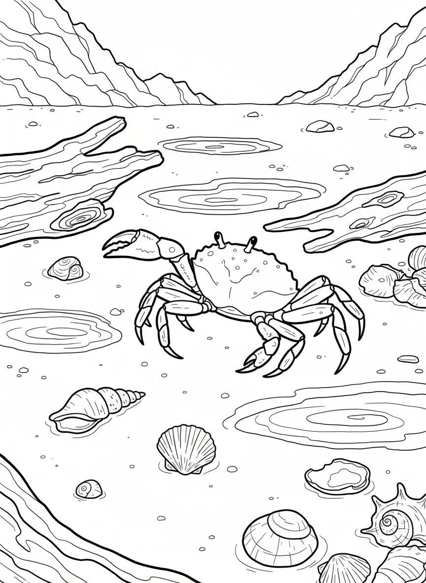 A shore crab walking sideways across wet sand with seashells, driftwood, and small pools around it