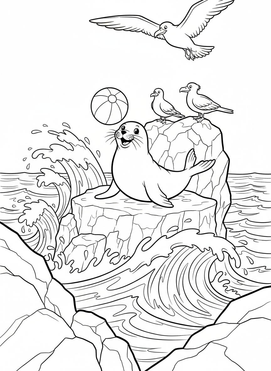 A friendly seal balancing on a rock above the water, with waves splashing and seabirds perched nearby.