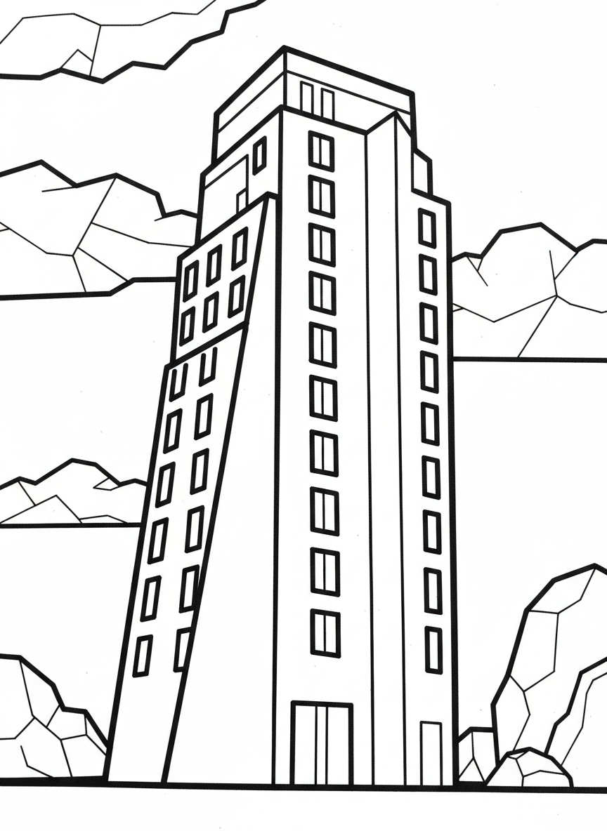A modern origami skyscraper with rectangular windows arranged in rows, clean vertical folds, and a flat rooftop, simple enough for beginners.